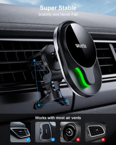 Revolutionize Your Driving with the Weetla Magnetic Wireless Car Charger for i Phone – Effortless Mag Safe Air Vent Mount Compatible with i Phone 14/13/12 Series and Cases, Fast Charging, Sleek Design for Ultimate Convenience and Accessibility