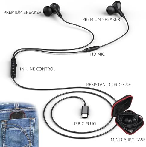 USB C Earbuds with Deep Bass & Noise Cancellation: Premium Headphones for i Phone, Galaxy, and Pixel with Voice Modulation for Karaoke Fun – Crystal-Clear Calls & Portable Case for Ultimate Sound Experience