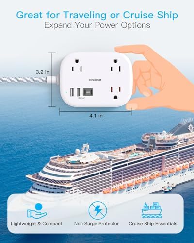 One Beat Cruise Essentials 2025 – Compact Power Strip with 3 AC Outlets and 4 USB Ports (2 USB-C), Ideal for Travel, Dorms, and Cruises – 3 ft Flat Plug Extension Cord, Non-Surge Protector, ETL Certified for Safety and Compatibility
