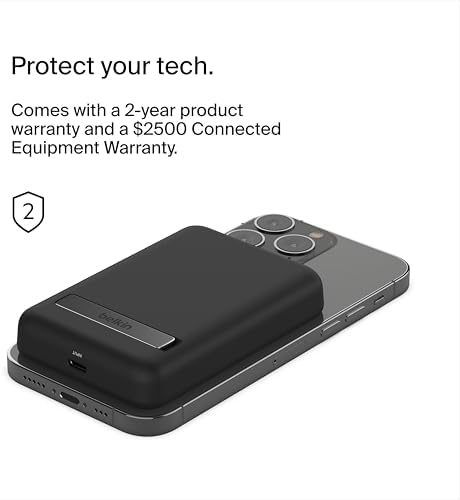 Belkin Wireless Power Bank 5000 m Ah with Mag Safe Compatibility – Portable Charger for i Phone 16 Series, i Phone 15, and Air Pods – 7.5 W Fast Charging with Built-in Kickstand for Hands-Free Use – Lightweight White Design for On-the-Go Charging Solutions