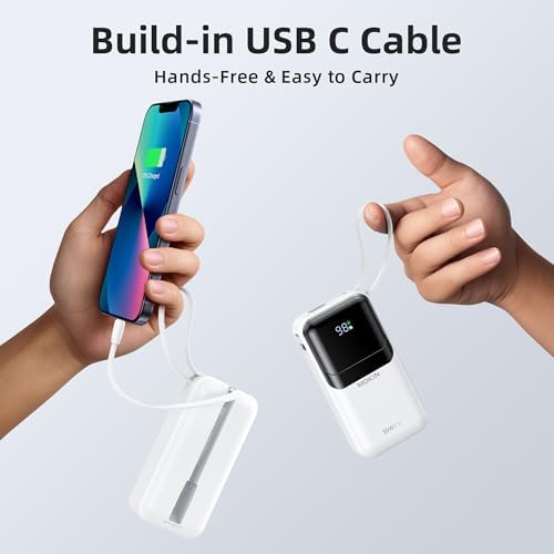 MOKi N 10,000 m Ah Ultra-Fast Portable Charger with Built-in Cables & Smart Digital Display – 30 W PD Power Bank for i Phone 16/15/14/13, Samsung Galaxy S23/S22/S21, Google Pixel – Compact Travel-Friendly Battery Pack with Safety Features & Multiple Charging Ports – Lightweight & Airline-Approved for On-the-Go Convenience