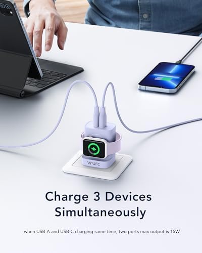 VRURC Portable Wireless Magnetic Charger for Apple Watch – 3-in-1 Travel Essential with PD 20 W Fast Charging, Compatible with i Phone 16/15/14/13 & Android Devices – Lightweight Design in Stylish Purple for Ultimate Convenience