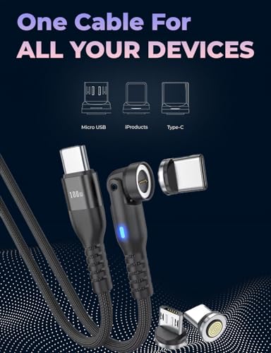 Ultra-Fast 360 PRO 100 W Magnetic USB C Phone Charger (2-Pack) – 6-in-1 Versatile Charging Cable for i-Products, Type-C & Micro USB – Durable, Compact, and Reliable Charging Solution in Onyx Black