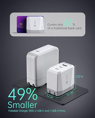 Volcan 65 W Ga N USB-C Triple Port Fast Charger – Ultra-Compact Travel Wall Adapter for Laptops, Tablets & Smartphones – Optimal Power Delivery for i Phone 15/14/13/12/11/X, Mac Book Pro/Air, Samsung Galaxy, Pixel & More – Sleek Design for On-the-Go Efficiency