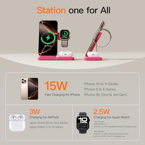 3-in-1 Wireless Charging Station for Apple Devices – 15 W Fast Charger Stand for i Phone 16/15/14/13/12/11, Apple Watch, and Air Pods – Convenient Portable Design with Enhanced Compatibility and Safety Features for Home and Travel – Perfect Gift for Tech Enthusiasts