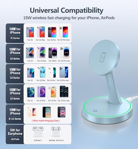 Efficient Magnetic Wireless Charging Stand – 15 W Fast Mag Safe Charger for i Phone 16 Series & Earlier, Sleep-Friendly Indicator Light, Sleek Design, Enhanced Compatibility & Quick Charge for Air Pods – Ultimate Cordless Convenience