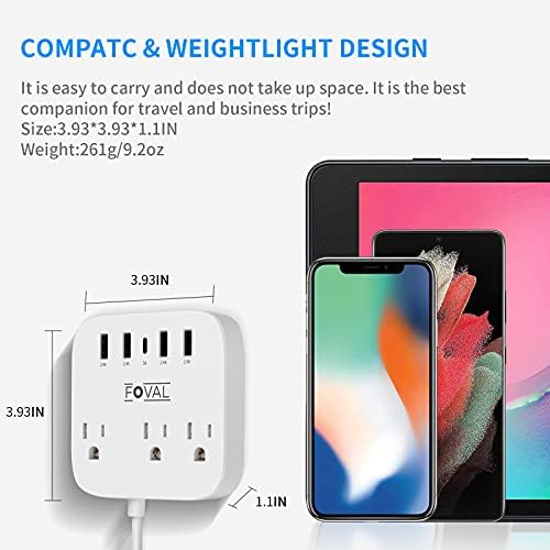 FOVAL All-in-One European Travel Plug Adapter with 4 Fast USB Ports & 3 AC Outlets – Ultimate Wall-Mount Power Strip with 5 ft Extension for Effortless Charging at Home, Office, and Travel Adventures