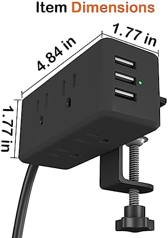 Elevate Your Workspace with the Meeoueoiu Compact Desk Edge Clamp Power Strip: 6 AC Outlets & 3 USB-A Ports for Seamless Charging, Perfect for 2.4″ Tabletops – 6.56 ft Extension Cord, Sleek Black Design for Home & Office Efficiency