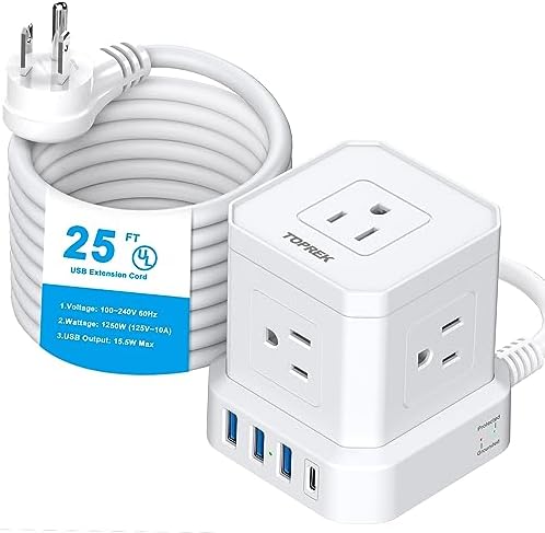 TOPREK Ultra-Slim 5-Outlet Power Strip with USB-C and USB-A Ports – 5 FT Flat Extension Cord Surge Protector for Efficient Charging in Home, Office, and Travel – Compact Design for Enhanced Portability and Safety