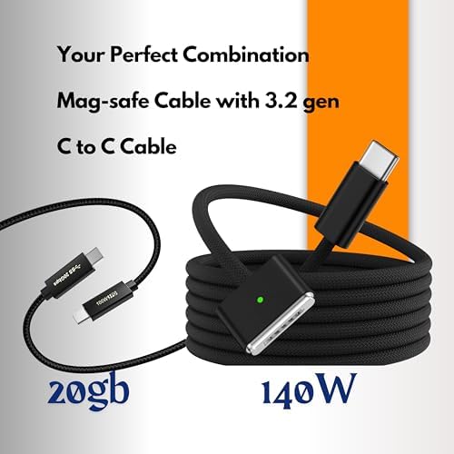 High-Performance 140 W USB-C to Mag Safe 3 Charging Cable – 6.6 Ft Nylon Braided for 2024 Mac Book Pro & Air Models – Rapid Power & 20 GB Data Transfer Adapter Included – Ultimate Flexibility & Durability for Professionals & Students