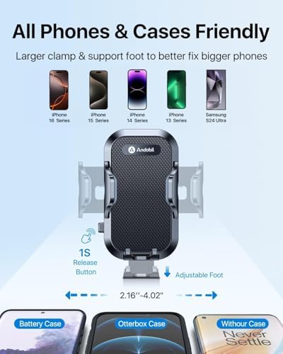 Andobil Universal Car Phone Mount – Strong Suction for Bumpy Roads, 360-Degree Rotatable Holder Compatible with i Phone 16, 15 Pro Max, 14, 13, 12 & Samsung Devices – Secure Windshield, Dashboard, and Vent Cradle for Safe Navigation and Hands-Free Use