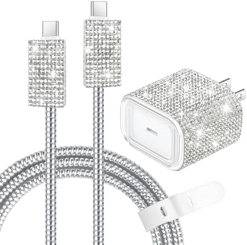 Aolcev 20 W Bling USB-C Wall Charger: Stylish Fast Charging Solution for i Phone 15/16 Pro Max & i Pad with Durable USB-C Cable – Compact Design for Effortless Power Delivery & Fashion-Forward Users Seeking Elegance in Tech Accessories