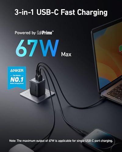 Anker Prime 67 W Ga N USB-C Charger – Ultra-Fast 3-Port Wall Adapter for Mac Book Pro, i Pad Pro, i Phone 16/15/Pro, Galaxy S25/S24, Note20 & More – Compact Design for Multi-Device Charging with Enhanced Efficiency and Compatibility