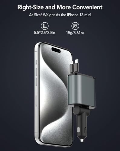 Ultimate 3-in-1 Retractable Car Charger – 50 W Fast Charging Solution with Type C Cable & USB Port for i Phone 16/15/14/13/12/11, Galaxy & Pixel Devices – Tangle-Free Convenience for On-the-Go Power Management