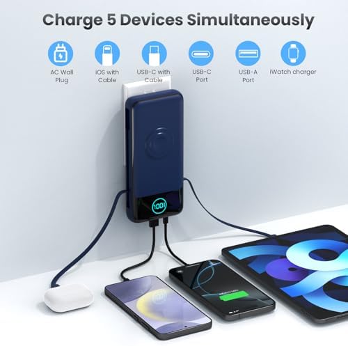 26800 m Ah Ultra-High Capacity Portable Charger with Built-in Cables & AC Wall Plug – 6-in-1 USB-C Power Bank for Fast Charging of i Phone 16/15/14/13/12, Android Devices & Apple Watch – Charge 5 Devices at Once with 25 W PD & Quick Charge Technology – Ideal for Travel, Camping, and Daily Use – Advanced Safety Features for Optimal Performance