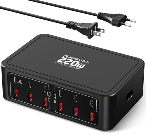 220 W Ga N USB-C Charging Station – 12-Port High-Speed Hub with 65 W Laptop Adapter for Mac Book, i Pad, and More – Sleek Black Multi-Device Power Solution for Home, Office, and Travel – Efficient Charging for Tech Enthusiasts and Families