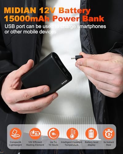 MIDIAN 12 V Power Bank for Heated Jackets & Smart Devices – Ultimate Outdoor Charging Solution with Fast Charging, Lightweight Design, and Enhanced Compatibility for All Your Heating Needs
