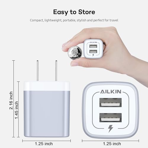 AILKIN Dual Port USB Wall Charger 2-Pack – 2.1 A Fast Charging Adapter for i Phone 15/14/13/12/11 Pro, Samsung Galaxy S23/S22/S21 – Compact Power Block with Quick Charge Technology – Universal Compatibility & Safety Features for Home and Travel