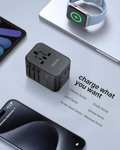 VINTAR Universal Travel Adapter: All-in-One Power Converter with 6 A Output, 3 USB-C and 2 USB Ports for Fast Global Charging Across Europe, UK, USA, and Australia – Essential Travel Accessory for Effortless Device Connectivity and Safety Features