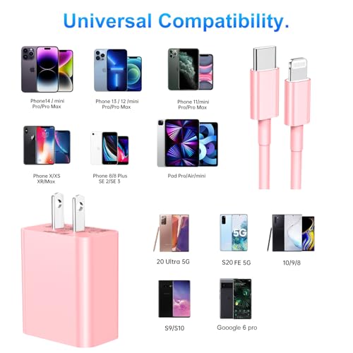 Dayaoncy 20 W Pink USB-C Wall Charger with 10 FT Cable – Fast Charging Solution for i Phone 11/12/13/14 & More – Stylish & Efficient Power Adapter for Home, Office, and Travel Use