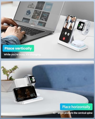 Revolutionary DUMTERR 3-in-1 Fast Wireless Charging Station for i Phone 16/15/14/13/12, Apple Watch Series 10, and Air Pods 4 – Sleek Docking Solution for Effortless Desk and Nightstand Organization, Superior Safety Features, and Rapid Charging Efficiency for All Your Apple Devices