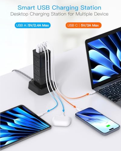 High-Performance Surge Protector Power Strip Tower with 12 Outlets and 4 USB Ports (2 USB-C) – Versatile Desktop Charging Station for Home Office and College Dorms, 6 Ft Flat Plug Extension Cord, Space-Saving Design for Enhanced Device Connectivity and Safety
