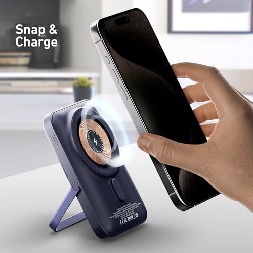 10,000 m Ah Magnetic Power Bank with Metal Kickstand, Ultra-Fast 20 W Charging, LED Battery Indicator, USB-C & Mag Safe Compatibility – Ideal for i Phone 15/14/13/12 Pro Series and Android Devices, Lightweight Design for On-the-Go Convenience