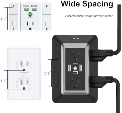 POWRUI 6-Outlet Surge Protector with 3 USB Ports (1 USB-C) and Integrated Night Light – Space-Efficient Power Strip for Home & Office – ETL Listed for Ultimate Safety and Fast Charging – Versatile 3-Sided Design with Adapter Spaced Outlets for Large Plugs – Streamline Your Charging Needs with Enhanced Compatibility and Reliability