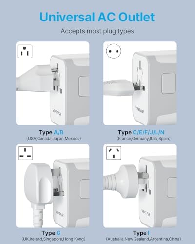 VINTAR Universal Travel Adapter: All-in-One Power Converter with 6 A Output, 3 USB-C and 2 USB Ports for Fast Global Charging Across Europe, UK, USA, and Australia – Essential Travel Accessory for Effortless Device Connectivity and Safety Features