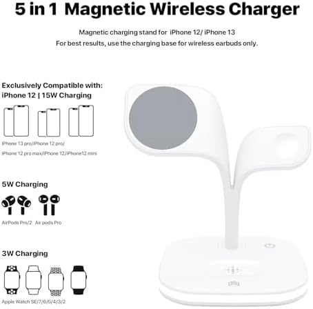 Revolutionize Your Charging Experience with the 5-in-1 Magnetic Wireless Charging Stand – 15 W Fast Charger for i Phone 15/14/13/12, Apple Watch 9/8/7/SE, and Air Pods – Sleek Multi-Device Charging Dock with LED Status Indicator for Enhanced Compatibility and Speed