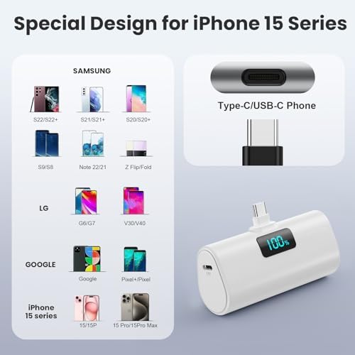 Compact 5200 m Ah Power Bank with Built-In USB-C for i Phone 15 and Samsung Devices – Fast Charging, LCD Display, Lightweight Red Design for On-the-Go Convenience and Enhanced Compatibility