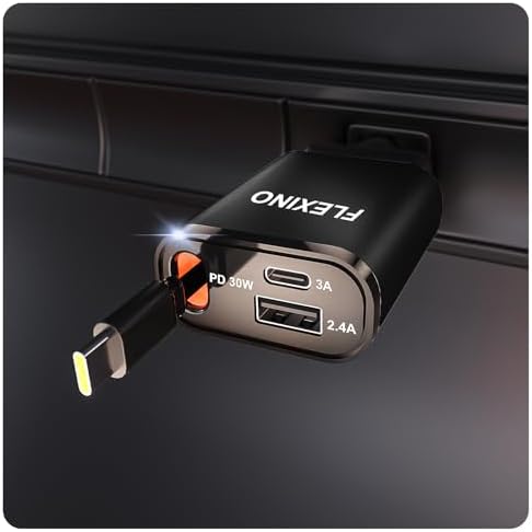 Ultra-Slim Flexino Retractable Car Charger – 57 W Fast Charge for i Phone 16/15, Galaxy, Pixel – Dual USB-C Ports for Concurrent Charging – Compact & Tangle-Free Design – Essential Travel Accessory for Seamless Connectivity
