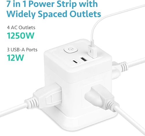 BEVA 10 ft Travel Power Strip with USB – Compact Cube Charging Station Featuring 4 Spacious Outlets and 3 Fast USB Ports for Home, Office, and Dorm Use – Overload Protection for Safe, Efficient Power Management