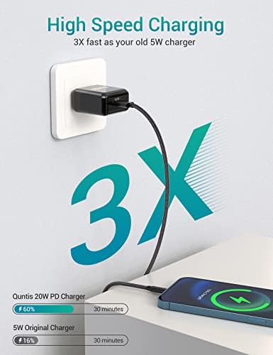 Quntis 20 W High-Speed i Phone Charger Block with 6 FT USB-C to Lightning Cable – Rapid Charging Solution for i Phone 14, 13 Pro, Max, Mini, 12, 11, XS, XR, X, and i Pad – Compact, Durable, and MFi Certified for Optimal Performance