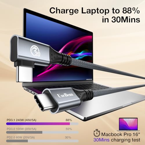 Revolutionize Your Charging and Data Transfer with Use Bean 240 W USB C to USB C Cable – 10 FT Dual Pack, Featuring 20 Gbps High-Speed Connectivity, Right-Angle Design for Effortless Access, and 4 K Video Output Compatibility for i Phone 15 Pro Max, Galaxy S24/S23, Mac Book, and i Pad Pro Air – Built for Durability and Flexibility to Enhance Your Everyday Tech Experience