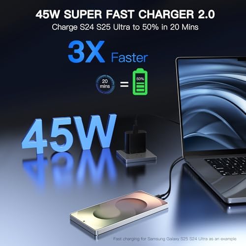 45 W Dual-Pack USB-C Fast Charger with 6 FT Cable – Universal Compatibility for Samsung Galaxy S25+/Ultra, i Phone 16/15 & More – Rapid Power Delivery with PPS Technology for Enhanced Device Efficiency