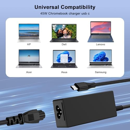 High-Speed 45 W USB-C Charger for Chromebook – Universal Compatibility with HP, Dell, Lenovo, Acer, and More – Lightweight Design for Students and Professionals – Efficient Power Supply for On-the-Go Charging – 30-Day Money-Back Guarantee and 24/7 Support