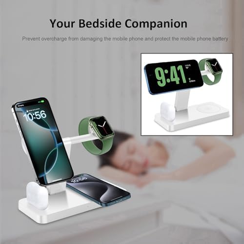 PDKUAI 4-in-1 Magnetic Charging Station – Fast Wireless Charger Stand for i Phone 16/15/14/13/12 Pro/Max/Mini/Plus, Apple Watch 10/9/8/7/6/SE/5/Ultra & Air Pods Pro/4/3 – Enhanced Compatibility with Dedicated Adapter – Sleek White Design for Home & Office