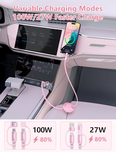 Opluz 100 W Pink Retractable USB C and Lightning Charging Cable – Dual Connector Fast Charging Solution for i Phone and Galaxy – Tangle-Free Design for Car and Travel – Enhanced Compatibility with Car Play and Android Auto