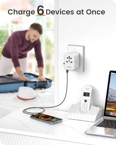 LENCENT 85 W Universal Travel Adapter with Retractable USB-C Cable – High-Speed International Plug Converter Featuring 3 Type-C & 1 USB-A Ports for Effortless Worldwide Charging – Your Ultimate Travel Essential for Maximum Compatibility, Fast Charging, and Ga N Technology Efficiency