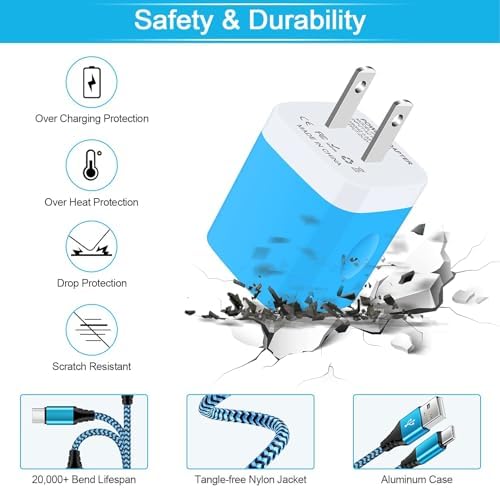 Ultimate Fast Charging Dual Port USB Wall Charger Trio – 2.1 A Quick Charge Adapter with Type C Cable for Samsung Galaxy S24 Ultra, i Phone 16, Google Pixel 9 Pro & More – Perfect Travel-Ready Power Solution for Active Lifestyles