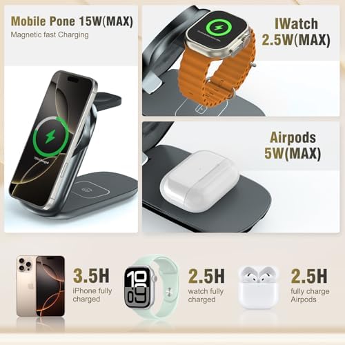 Ultimate 3-in-1 Foldable Wireless Charging Station for Apple Devices – Fast Max Charging for i Phone 16/15/14/13/12 Pro Max, Apple Watch Series 10-3 & Air Pods Pro/4/3 – Compact Travel Design with Smart Protection Features for Effortless Device Management – Silent Operation for Undisturbed Environments – Includes 20 W PD Adapter & USB-C Cable – Perfect for Home or Office Use