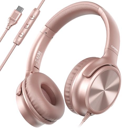 Transform Your Audio Journey with Cowyawn’s Premium USB Type-C Over-Ear Headphones – Stunning Rose Finish, Superior HD Stereo Sound, and Integrated Microphone for Effortless Communication – Ideal for Chromebook, Laptop, and i Phone Users Seeking Optimal Comfort with Portable, Foldable Design