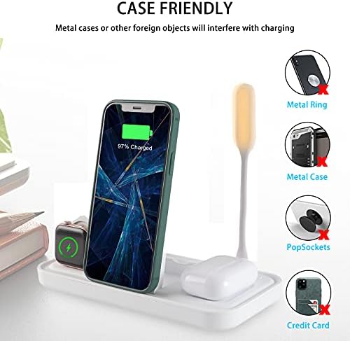 Innovative 4-in-1 Wireless Charging Station Lamp – Seamless Integration for i Phone, Samsung & Qi-Enabled Devices, Effortless Charging for Air Pods & Apple Watch Series 2-6 – Stylish White Design for Home or Office Use – Anti-Slip Base for Stability and Enhanced Convenience