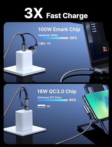 JSAUX 100 W USB C Cable 2-Pack – 10 FT Right-Angle Charging Cords with Fast Data Transfer for i Phone 16, Samsung Galaxy, i Pad & Mac Book – Durable & Flexible Design for Effortless Charging in Tight Spaces