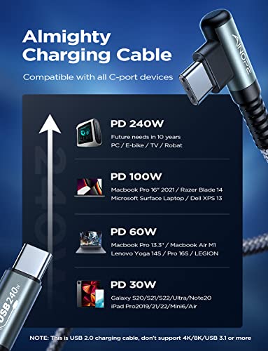 Optimize your charging setup with the AINOPE 240 W USB C to USB C Cable, a 6-foot powerhouse engineered for ultimate speed and flexibility. Featuring a right-angle connector, this fast charging cable is perfect for gaming or multitasking without the clutter of tangled cords. Compatible with the latest devices, including i Phone 16 Pro Max, i Phone 15, Mac Book Air/Pro, i Pad Pro, Samsung Galaxy, and Pixel, it delivers an impressive 240 W power output for rapid charging. The dual-pack offers exceptional value, ensuring you have a reliable charging solution wherever you go. Built with premium materials for durability, the sleek grey and blue design enhances your tech aesthetic while providing long-lasting performance. Elevate your device charging experience with this versatile cable, designed for both home and office use, while ensuring seamless connectivity across all your electronics.
