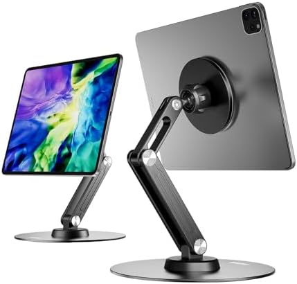 Premium Adjustable Tablet Stand with Magnetic Support – 360° Rotating Metal Holder for i Pad and Tablets – Foldable Multi-Angle Design for Home and Office Use – Sleek Black Finish for Enhanced Compatibility and Stability