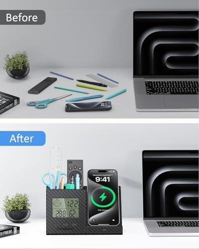 Multi-Functional Desk Organizer with Wireless Charging, Digital Thermometer & Humidity Monitor – Stylish Brown Pen Holder for Home Office Efficiency and Clutter-Free Workspace