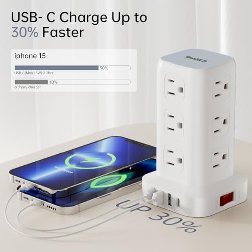 Revolutionize Your Workspace with the Ultra-Thin Surge Protector Power Strip Tower – 10 FT Flat Plug Extension Cord and 1 USB-C Port for Fast Charging, 1020 Joules of Device Protection, Perfect Desk Charging Station for Office and Dorm Room Essentials