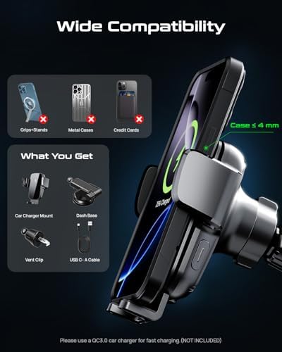 Revolutionize Your Driving Experience with Our Qi 15 W Fast Charging Wireless Car Phone Holder – Auto-Clamping Mount for Seamless Smartphone Access and Compatibility with i Phone 16 Pro Max, Samsung Galaxy S24 Ultra, and More – Multi-Position Dashboard, Air Vent, and Windshield Options for Ultimate Convenience and Style
